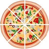 A pizza divided into 8 equal slices