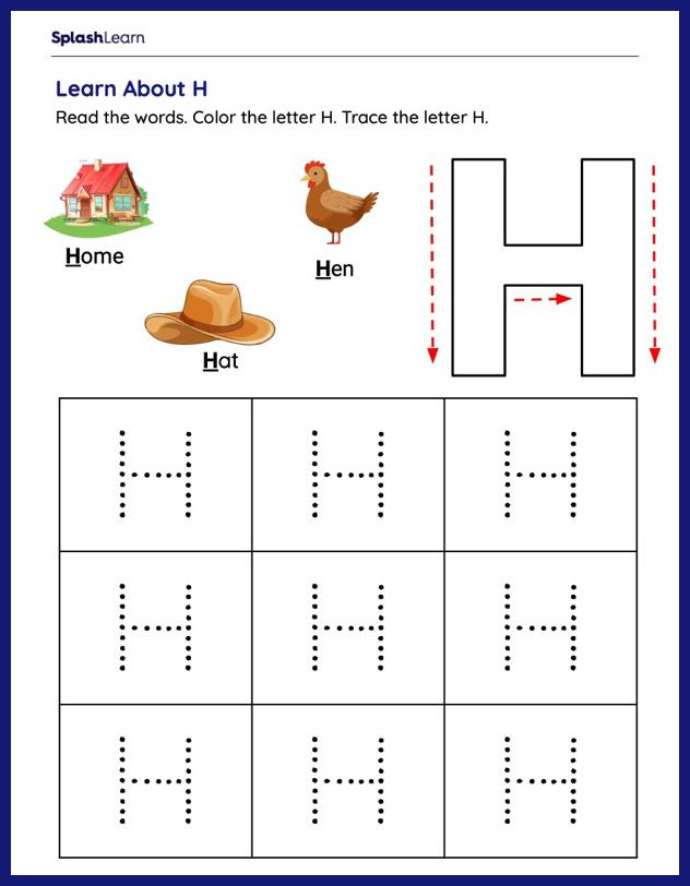 Color and Trace - Uppercase H - ELA Worksheets - SplashLearn