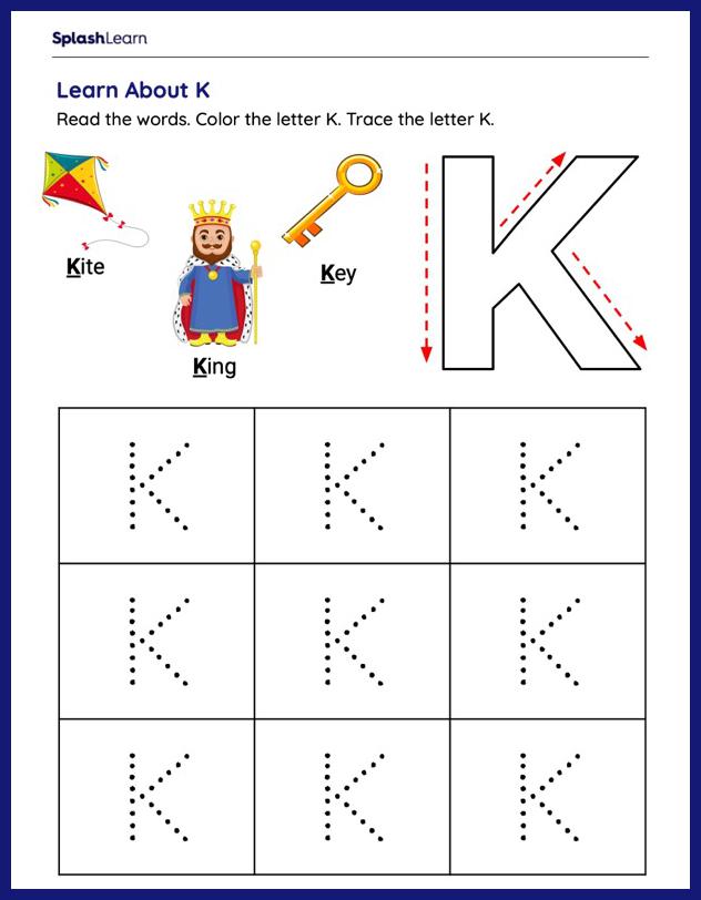Color and Trace - Uppercase K - ELA Worksheets - SplashLearn