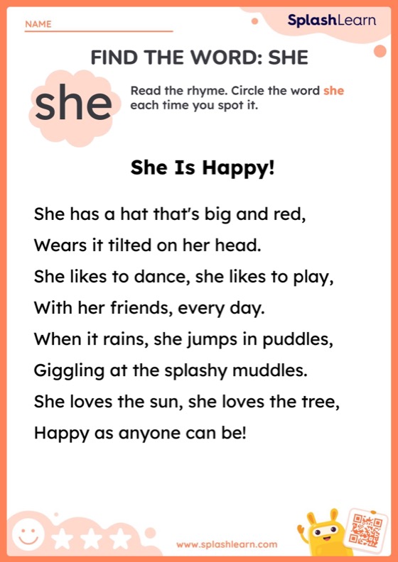 Find The Word She Printable ELA Worksheet Find The Word She Printable ELA Worksheet