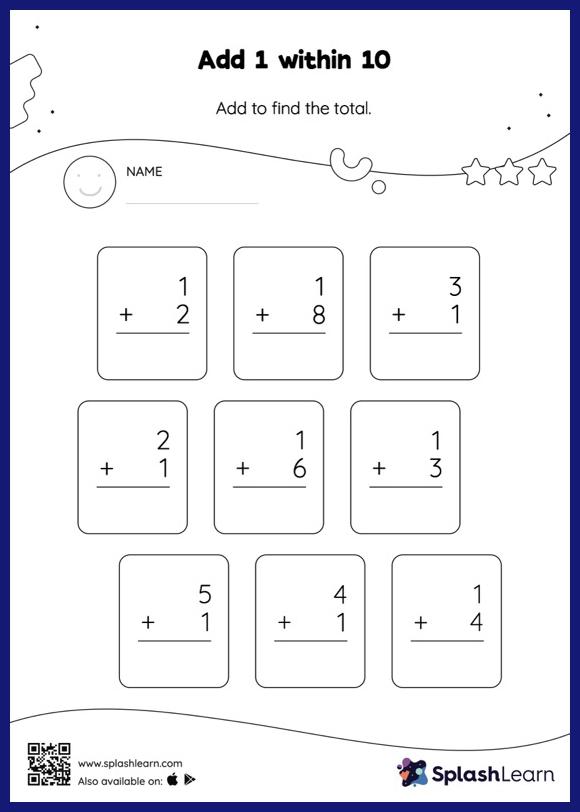 Add 1 within 10: Vertical Addition - Math Worksheets - SplashLearn