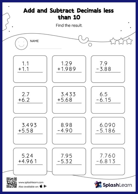 Add And Subtract Decimals Less Than 10 Vertical Math Worksheets