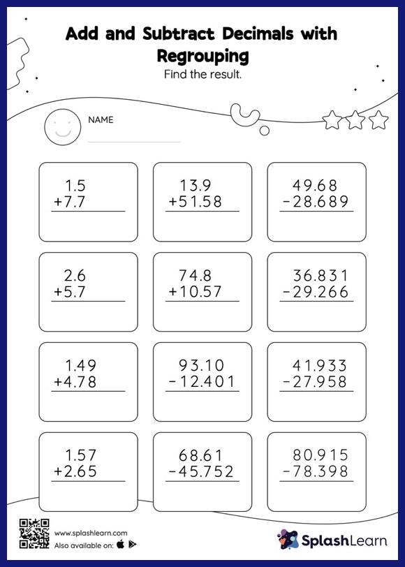 Add and Subtract Decimals with Regrouping: Vertical - Math Worksheets -  SplashLearn