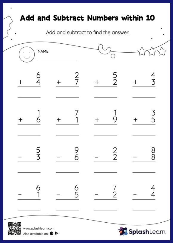 Add and Subtract Numbers within 10: Vertical Addition and Subtraction - Math  Worksheets - SplashLearn