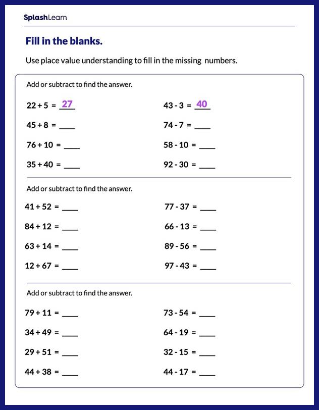 Add and Subtract Within 100 - Math Worksheets - SplashLearn