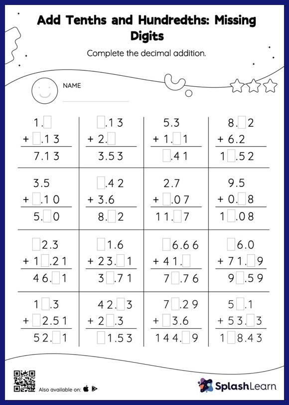 Add Tenths and Hundredths: Missing Digits - Math Worksheets - SplashLearn