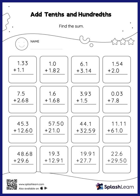 Add Tenths and Hundredths: Vertical Addition - Math Worksheets - SplashLearn
