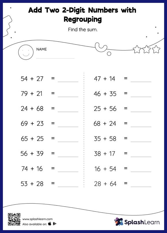 Add within 100 with Regrouping Worksheets for 1st Graders Online -  SplashLearn