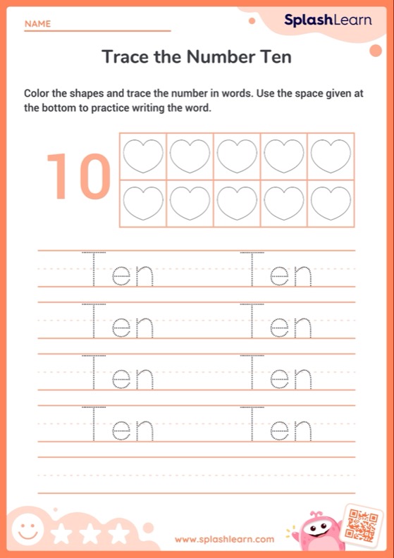 Color The Shapes And Trace The Word Ten Printable Math Worksheet