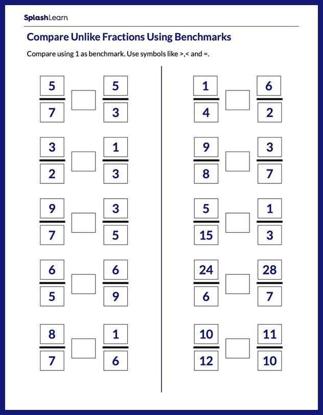 Compare Unlike Fractions using 1 as Benchmark - Math Worksheets -  SplashLearn