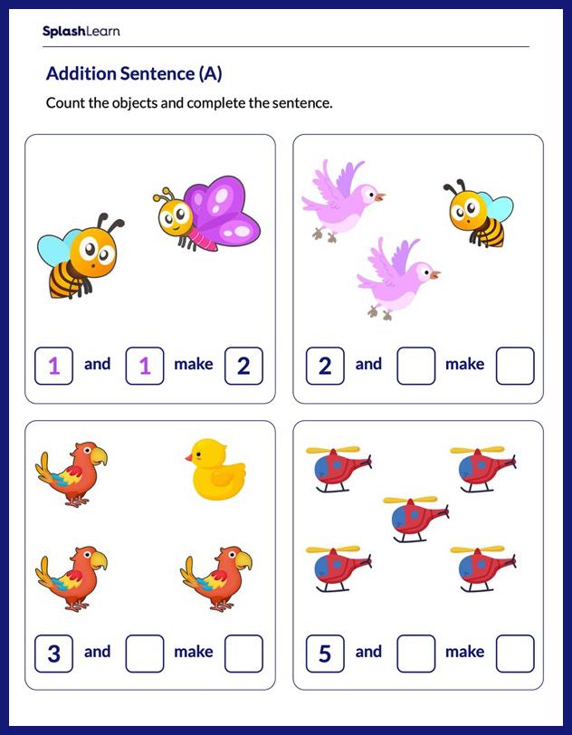 Count to Complete Addition Sentences Worksheet