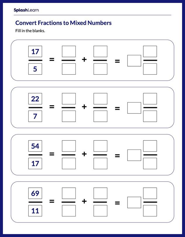 Decompose Fractions to Mixed Numbers - Math Worksheets - SplashLearn