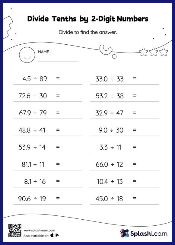 Divide Tenths by 2-Digit Numbers: Horizontal Division - Math Worksheets -  SplashLearn