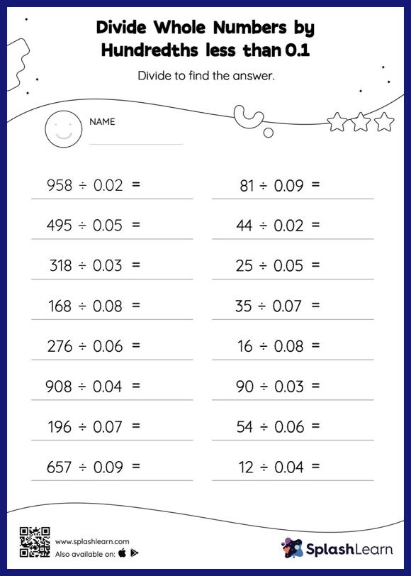 Divide whole numbers by decimals Worksheets for 5th Graders Online -  SplashLearn