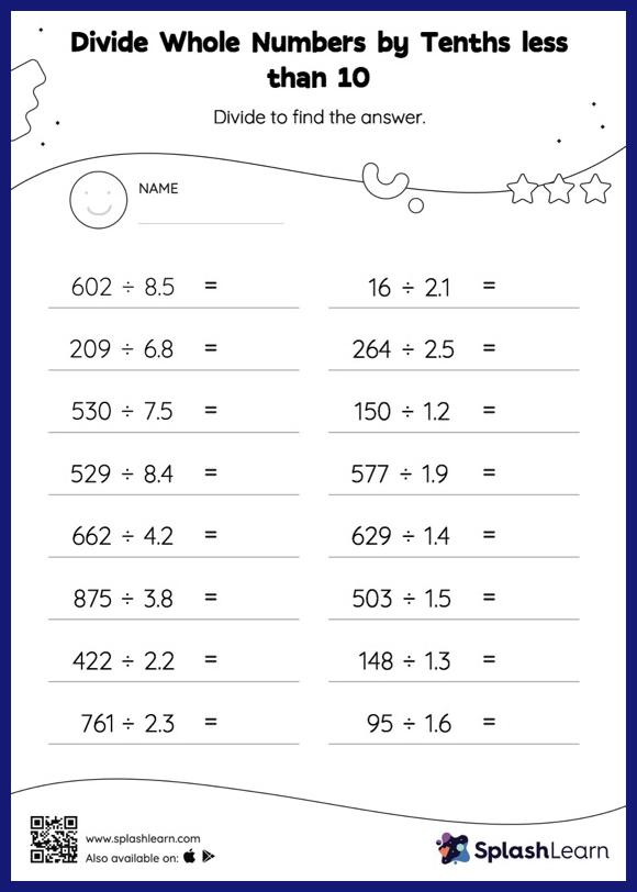 Divide Whole Numbers By Tenths Less Than 10 With Remainder Horizontal