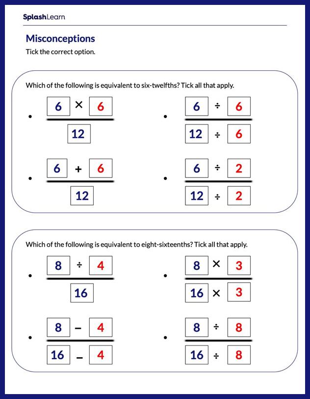 Create Equivalent Fractions Using Division Math Worksheets Splashlearn