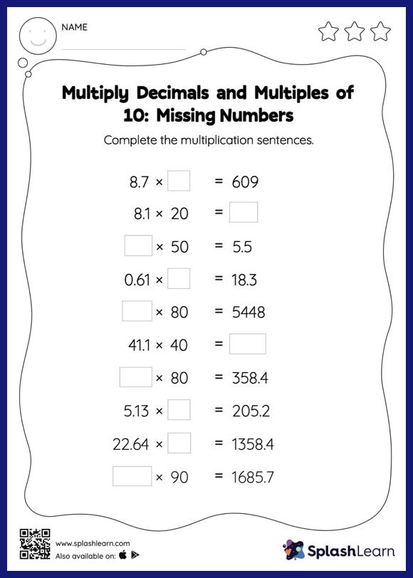 Multiply Decimals And Multiples Of 10 Missing Numbers Math
