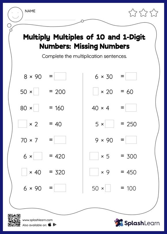 Multiply Multiples of 10 and 1-Digit Numbers: Missing Numbers - Math  Worksheets - SplashLearn