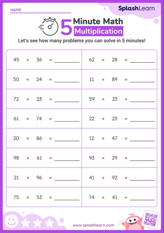 Multiply Two 2 Digit Numbers Horizontal Timed Practice Printable