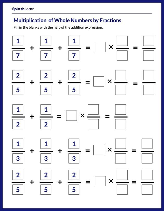 Multiplying Whole Numbers by Fractions Worksheet