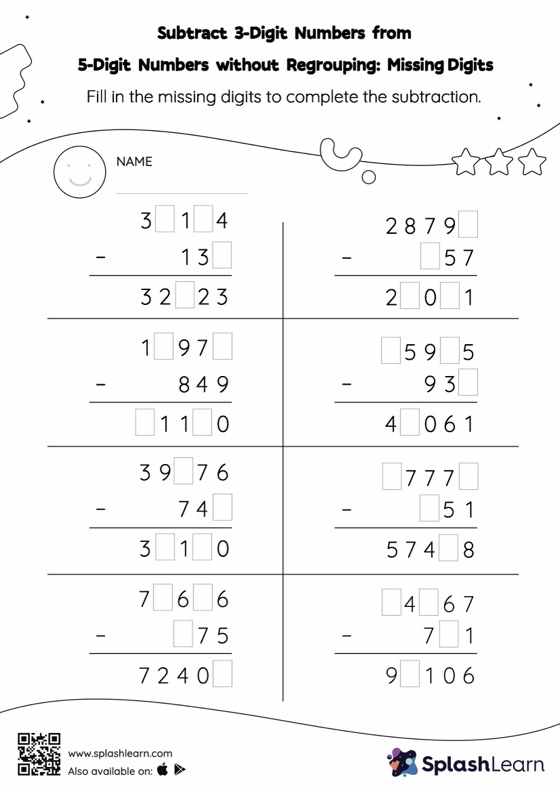 Subtract 3 Digit Numbers From 5 Digit Numbers Without Regrouping 