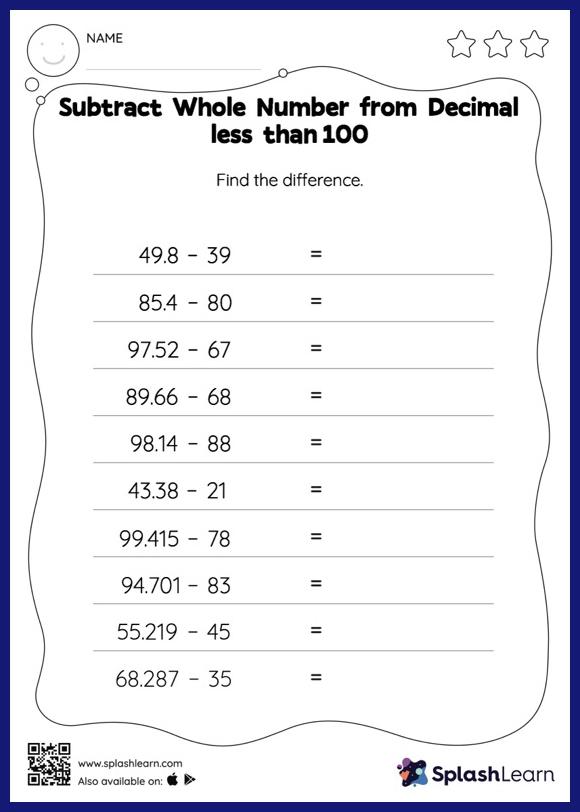 Subtract Whole Number from Decimal less than 100: Horizontal Subtraction -  Math Worksheets - SplashLearn