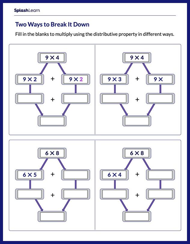 Use Distributive Property to Multiply - Math Worksheets - SplashLearn