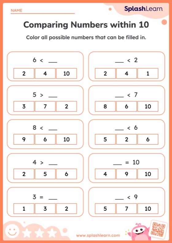 Compare And Find Missing Numbers Within 10 Worksheet