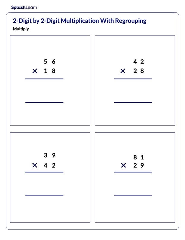 product of 2 digit numbers with regrouping math worksheets splashlearn
