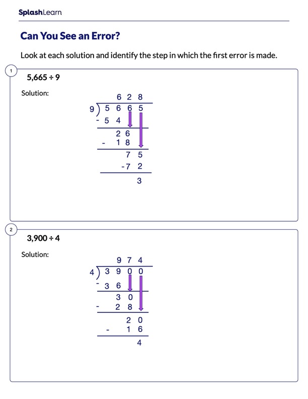 Spot the Error in Division Sums Math Worksheets SplashLearn