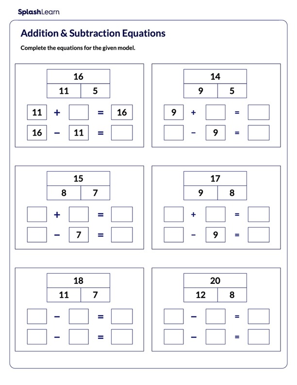 related addition subtraction equations math worksheets splashlearn
