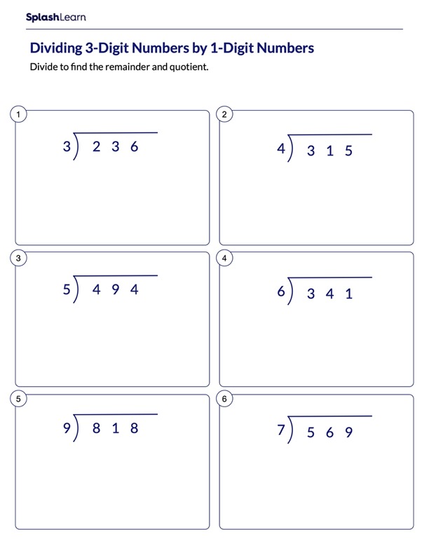 divide 3 digit numbers by 1 digit numbers math worksheets splashlearn