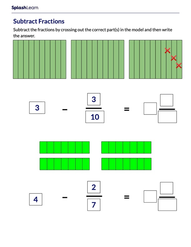subtract fractions from whole number using model math worksheets splashlearn