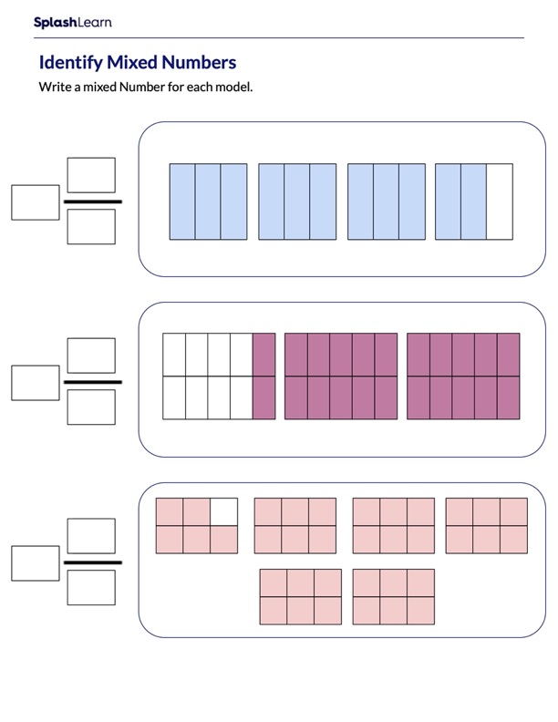 Write Mixed Numbers Represented By The Model Math Worksheets