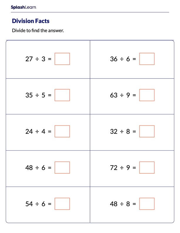 Division Sums For Class 3 With Answers Division Worksheets for 3rd Graders Online - SplashLearn