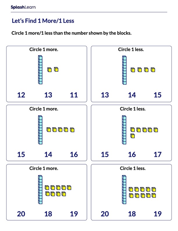 identify 1 more or 1 less math worksheets splashlearn