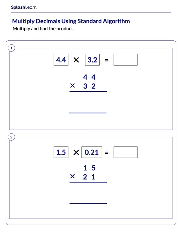 multiply decimal numbers using column method math worksheets splashlearn