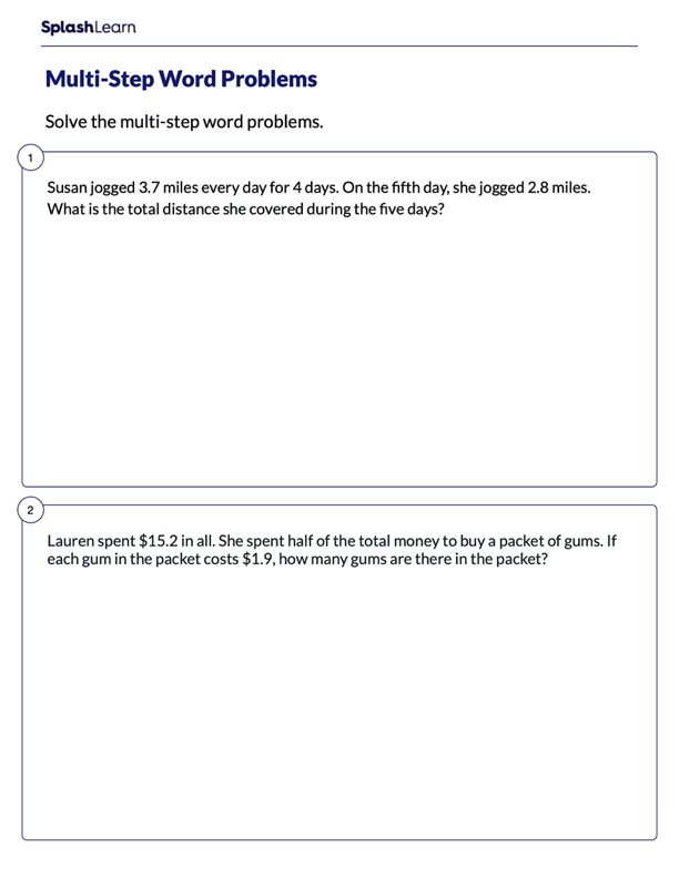 Multi Step Decimal Word Problems Math Worksheets SplashLearn