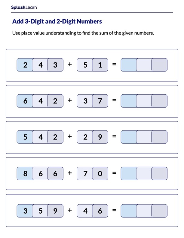 add a 3 digit number and a 2 digit number math worksheets splashlearn