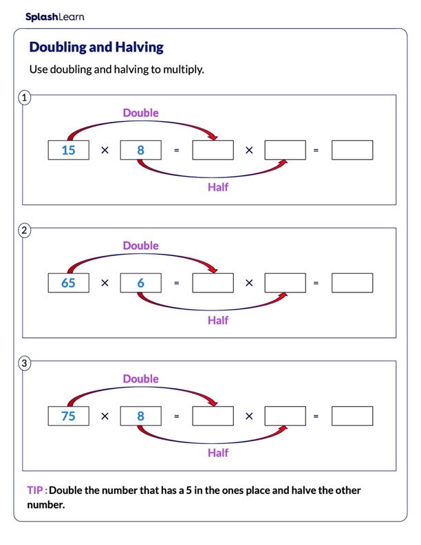 find the product by doubling and halving math worksheets splashlearn