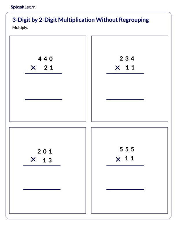 multiply multi digit numbers without regrouping math worksheets splashlearn